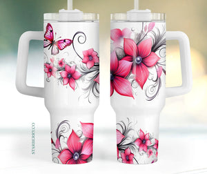 Pink Floral Butterfly 40oz Tumbler Sublimation Transfer