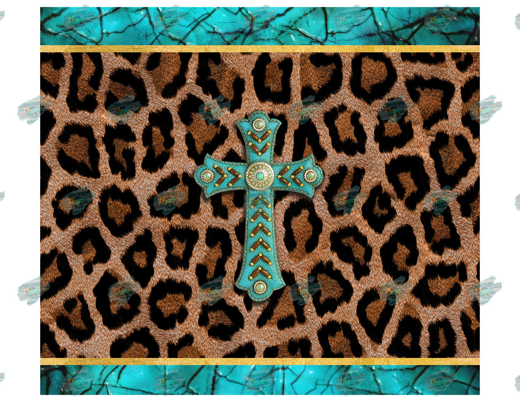 Leopard Teal Marble Cross Tumbler Sublimation Transfer