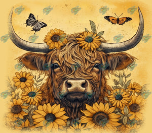Highland Cow Sunflowers Tumbler Sublimation Transfer